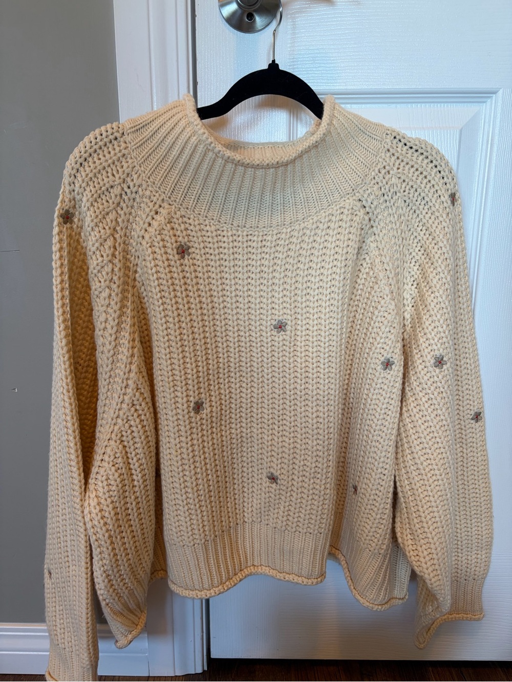 Roolee Cream Knit Turtleneck Sweater with Tiny Floral Embroidery